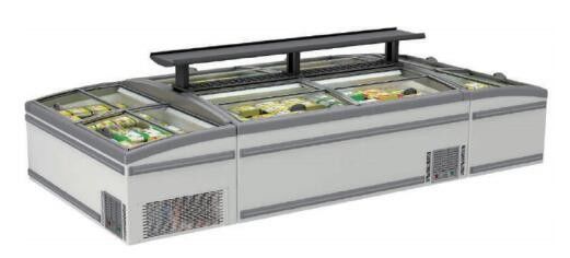 ग्लास टॉप सुपरमार्केट आइलैंड फ्रीजर 500L-1000L स्टेटिक कूलिंग